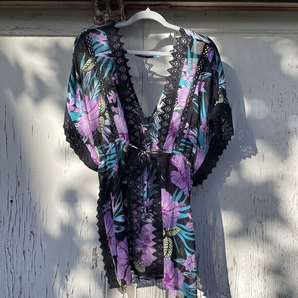 Miken Swim Kimono Cover Up Women's Med Black Floral Lace-Inset Tie-Front Sheer - Picture 4 of 16